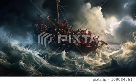 Migrants / refugees on boat through sea with cold water at night Migrants / refugees on boat through sea with cold water at night 109084561