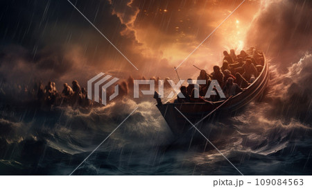 Migrants / refugees on boat through sea with cold water at night Migrants / refugees on boat through sea with cold water at night 109084563