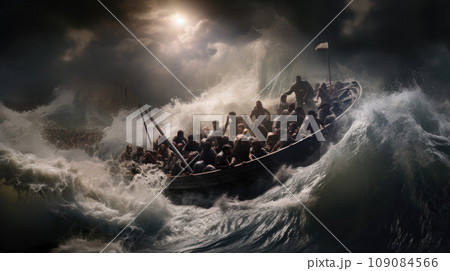 Migrants / refugees on boat through sea with cold water at night Migrants / refugees on boat through sea with cold water at night 109084566