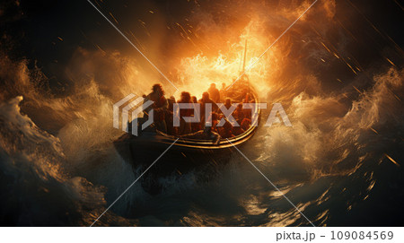 Migrants / refugees on boat through sea with cold water at night Migrants / refugees on boat through sea with cold water at night 109084569