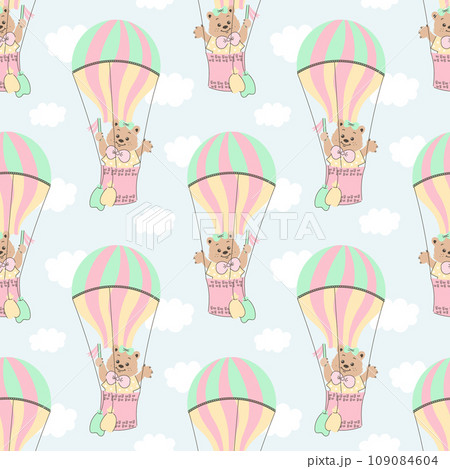 Seamless pattern, cute cartoon bears flying in a hot air balloon in the sky with clouds. Baby background, print, textile, vector 109084604