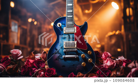 Close up of electric guitar on a stage during rock concert Close up of electric guitar on a stage during rock concert 109084608