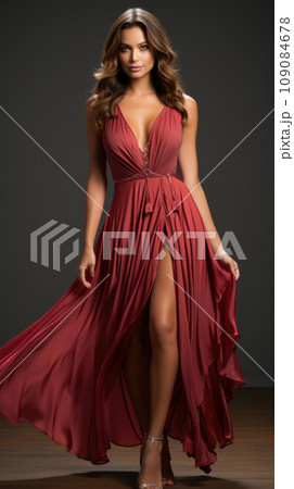 Fashion Model in luxury long Dress. Elegant Woman with Curly Long Hair Hairstyle in Evening Gown with Slit showing Leg 109084678