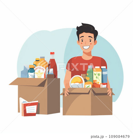 Food drive concept - teenage boy holds a box of donations in donation center 109084679