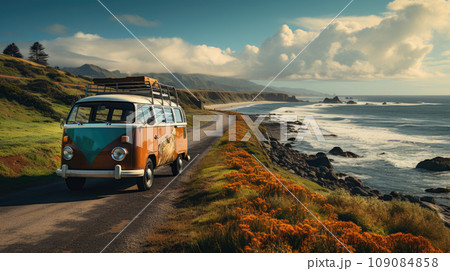 Vintage camper van parking at the beach with suitcases on top during on vacation near a sea 109084858