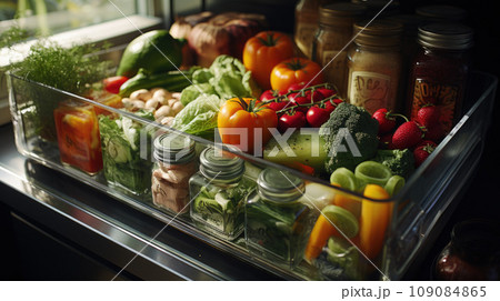 Vegetable compartment of the refrigerator full of fresh vegetables. Open fridge, drawer filled with fresh vegetables Vegetable compartment of the refrigerator full of fresh vegetables. Open fridge, drawer filled with fresh vegetables 109084865
