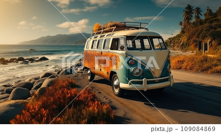 Vintage camper van parking at the beach with suitcases on top during on vacation near a sea Vintage camper van parking at the beach with suitcases on top during on vacation near a sea 109084869