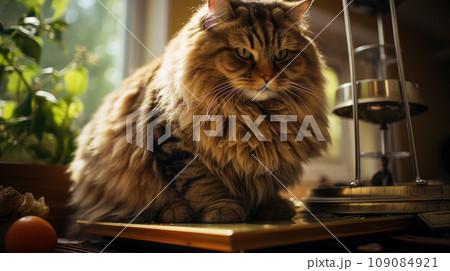 Funny Fat Cat Sitting in the Kitchen and Probably Waiting for some more Food 109084921