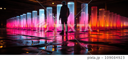 Man looking at the colorful graffiti on the wall in the dark room 109084923