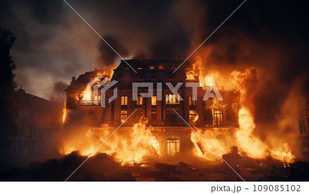 Wooden house or barn burning on fire at night 109085102