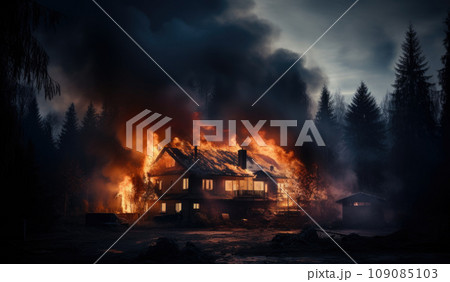 Wooden house or barn burning on fire at night 109085103