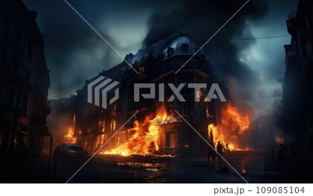 Wooden house or barn burning on fire at night 109085104