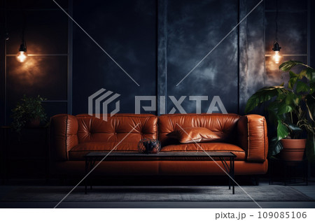 brown leather couch with empty frame in vintage interior 109085106