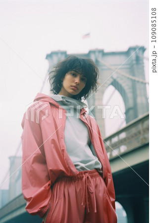 Pretty young woman taking a selfie on Brooklyn Bridge - Female tourist sightseeing New York 109085108