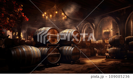 Old cellar with bottles and barrels under castle making wine 109085236