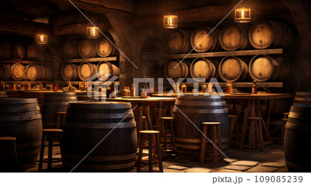 Old cellar with bottles and barrels under castle making wine Old cellar with bottles and barrels under castle making wine 109085239