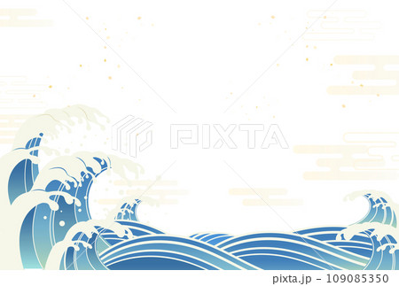 荒ぶる波しぶきの和風背景イラスト_横2 109085350