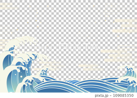 荒ぶる波しぶきの和風背景イラスト_横2 109085350
