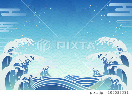 荒ぶる波しぶきと青い和柄背景のイラスト_横1 荒ぶる波しぶきと青い和柄背景のイラスト_横1 109085351