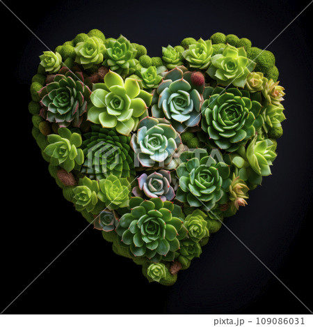 The heart is lined with beautiful succulents on a black background 109086031