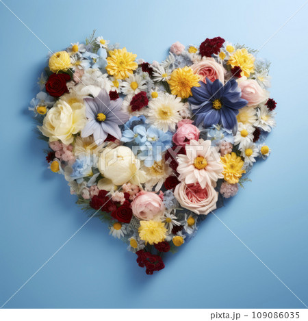 The heart is lined with beautiful multicolored flowers on a blue background The heart is lined with beautiful multicolored flowers on a blue background 109086035