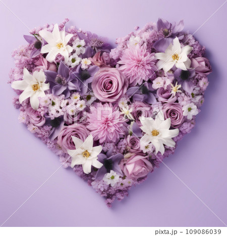 The heart is lined with beautiful multicolored flowers in pink and purple 109086039
