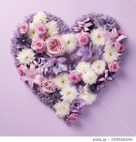 The heart is lined with beautiful multicolored flowers in pink and purple The heart is lined with beautiful multicolored flowers in pink and purple 109086040