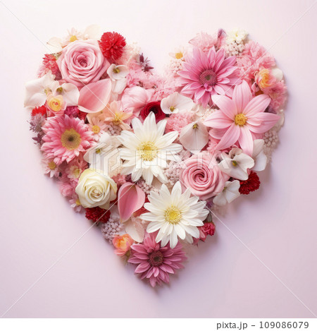 The heart is lined with beautiful pink and white flowers on a pink background The heart is lined with beautiful pink and white flowers on a pink background 109086079