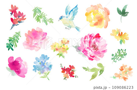 水彩で描いた抽象的なペオニーと草花の背景用イラスト素材セット 水彩で描いた抽象的なペオニーと草花の背景用イラスト素材セット 109086223