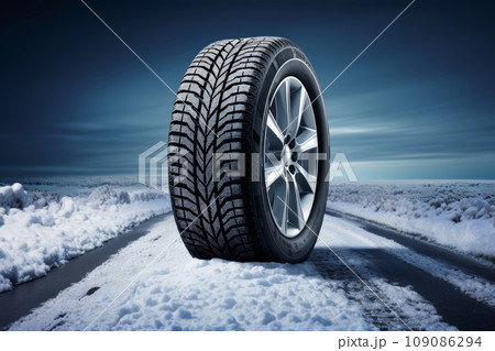 Close-up of a winter car tire on a snowy road. Seasonal change of wheels. Car service. The concept of safe travel and driving on the highway. 109086294