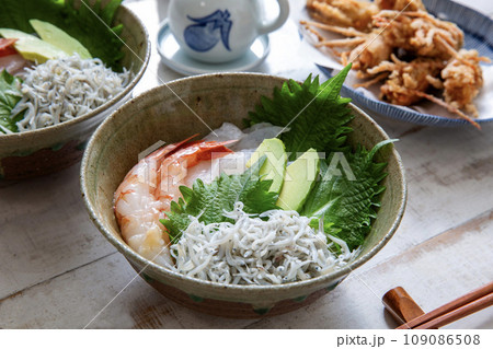 釜揚げシラスと海鮮丼、和食、家庭料理 109086508