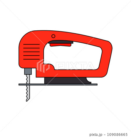 Electric wood jig saw. Carpentry jigsaw. Power tool. Vector drawing on white background. 109086665