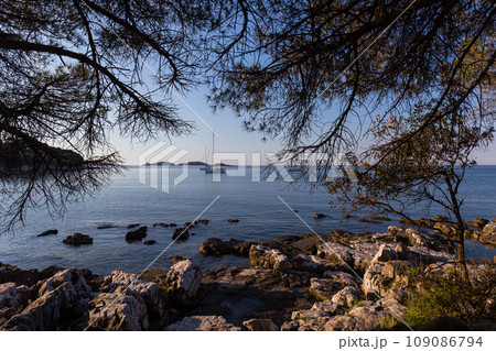 sunset and luxury yacht in the sea 109086794