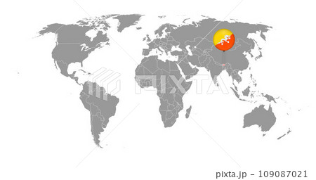 Pin map with Bhutan flag on world map. Vector illustration. 109087021