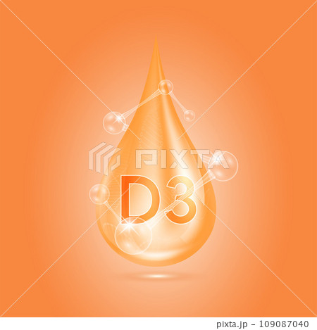 Vitamins D3 collagen serum water drop isolated on dark background. Solution complex orange with molecule oxygen bubbles surround. Beauty skincare cosmetics. Medical concepts. 3D Realistic Vector. 109087040