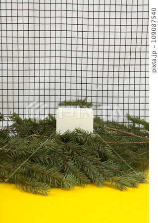 cube among fir branches on a grid background cube among fir branches on a grid background 109087540