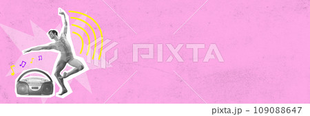 Shirtless, muscular, handsome man,, ballet dancer performing over pink background. Contemporary art collage. Shirtless, muscular, handsome man,, ballet dancer performing over pink background. Contemporary art collage. 109088647