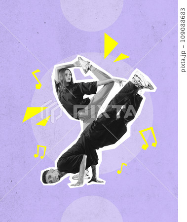 Two young people, boy and girl, dancing contemporary dance, breakdance, hip hop over purple background. Contemporary art collage. 109088683