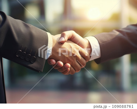 Business people shaking hands, finishing up meeting. Successful businessmen handshaking after good deal. AI Generative. 109088761