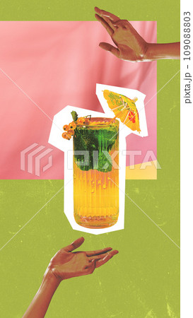 Human hands over cocktail, lemonade, mojito over abstract background. Summer vibe and refreshment. Creative colorful design. 109088803