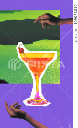 Female hands over delicious, sweet cocktail, pink lady with cherry over abstract background. Creative colorful design. Female hands over delicious, sweet cocktail, pink lady with cherry over abstract background. Creative colorful design. 109088810