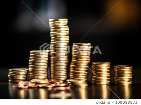 pile of silver coins stack and growing money graph on rows. Income, profits, finance, Investment, Interest and Saving money concept. AI Generative. 109088833