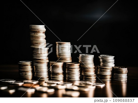 pile of silver coins stack and growing money graph on rows. Income, profits, finance, Investment, Interest and Saving money concept. AI Generative. 109088837