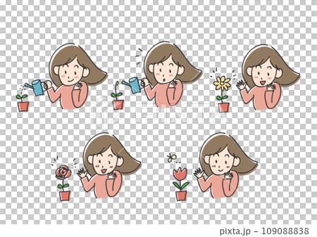 花を育てる女性のイラストセット 109088838