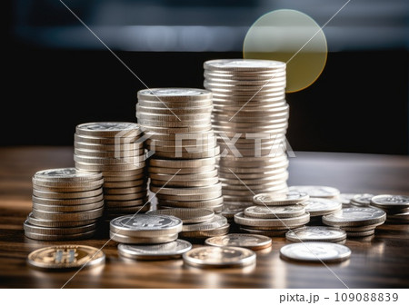 pile of silver coins stack and growing money graph on rows. Income, profits, finance, Investment, Interest and Saving money concept. AI Generative. 109088839