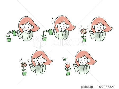 花を育てる女性のイラストセット（2色カラー） 109088841