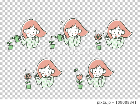 花を育てる女性のイラストセット（2色カラー） 109088841