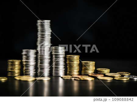 pile of silver coins stack and growing money graph on rows. Income, profits, finance, Investment, Interest and Saving money concept. AI Generative. 109088842