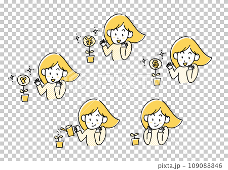 お金やポイントを育てる女性のイラスト（2色カラー） 109088846