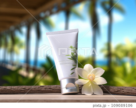 a set of Aroma spa product containers mockup on a natural background with green leaves and sunlight. AI Generative. 109089106